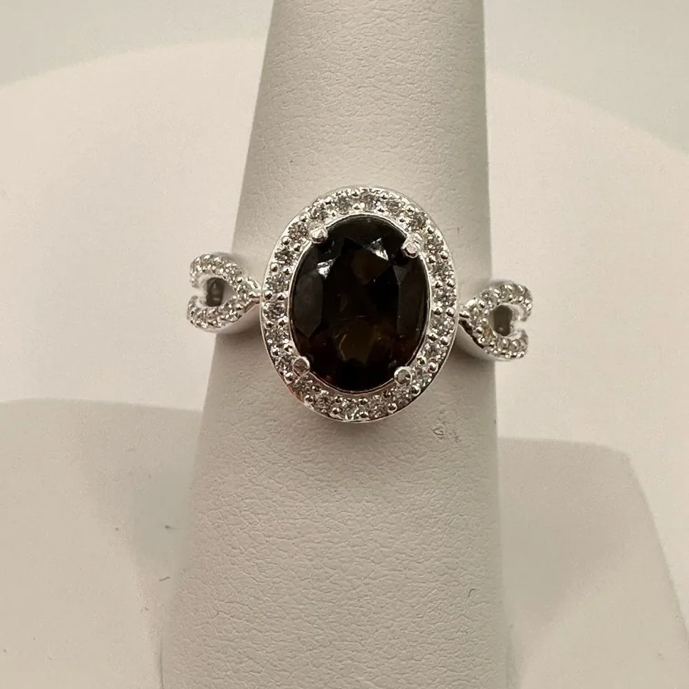 1.5ct Smokey quartz set in‎ solid sterling silver ring with cz diamonds!